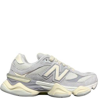Luxury Chef New Balance 9060 lifestyle sneakers in light grey suede and mesh with cream accents.