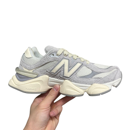 Luxury Chef New Balance 9060 sneakers in light grey suede and mesh with cream accents and a chunky ABZORB sole.