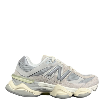 Luxury Chef New Balance 9060 sneakers in light grey and cream suede and mesh with a chunky sole.