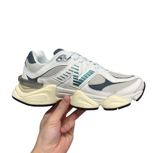 Luxury Chef NEW BALANCE 9060 white and grey mesh sneakers with teal accents and chunky cream sole.