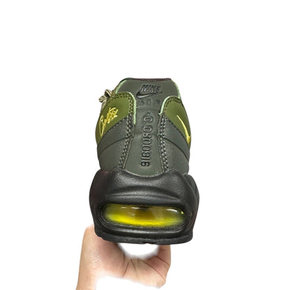 Luxury Chef Nike Air Max 95 Corteiz olive green sneakers with yellow accents and visible air cushioning.