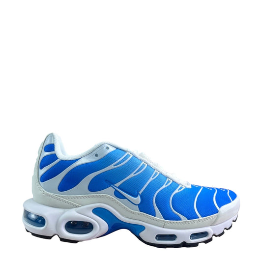 Luxury Chef Nike Air Max Plus TN sneakers in bright blue and white with signature wavy overlays and visible air cushioning.