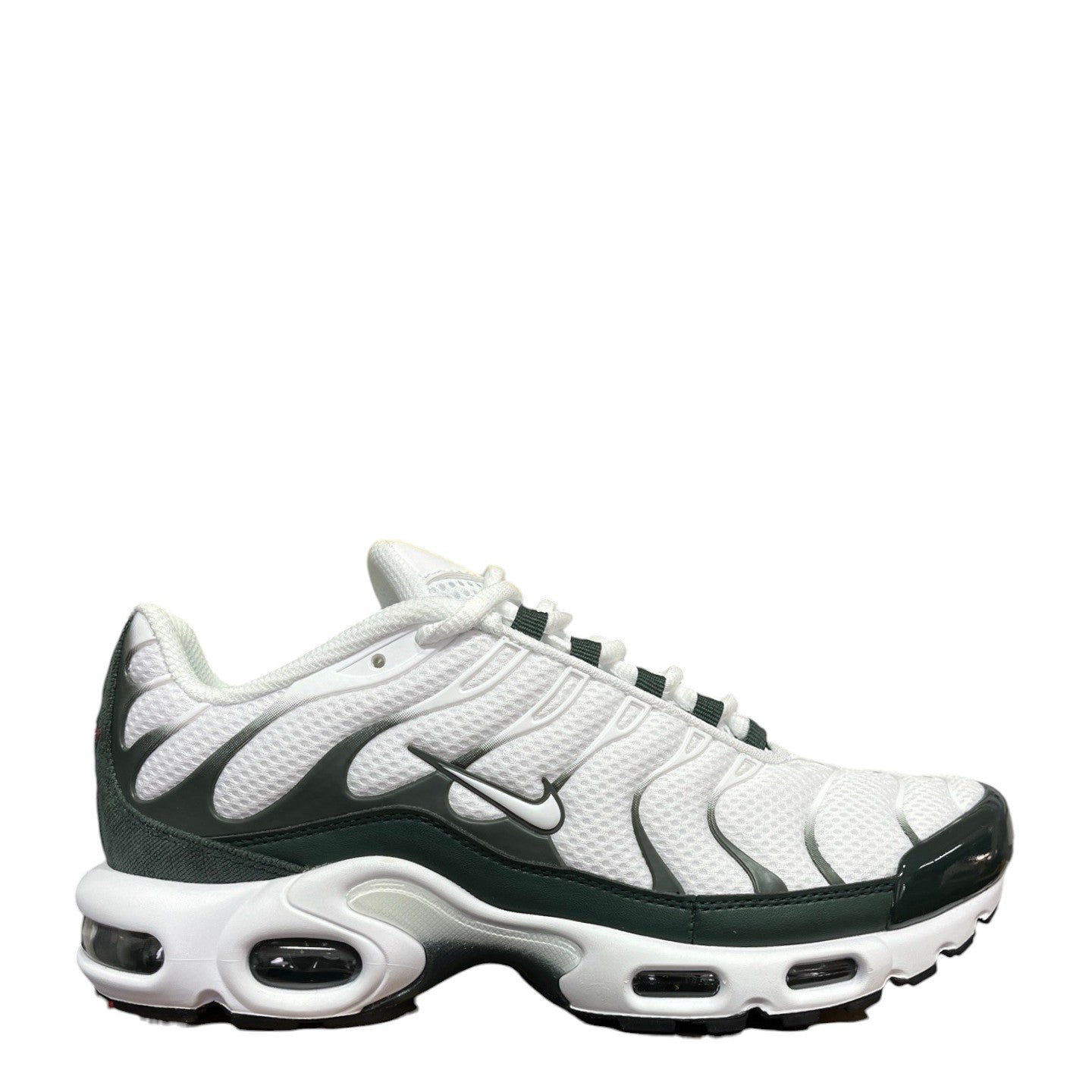 Luxury Chef Nike Air Max Plus PRM sneakers in white with dark green accents and Nike Air cushioning.