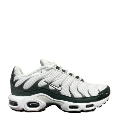Luxury Chef Nike Air Max Plus PRM sneakers in white with dark green accents and Nike Air cushioning.