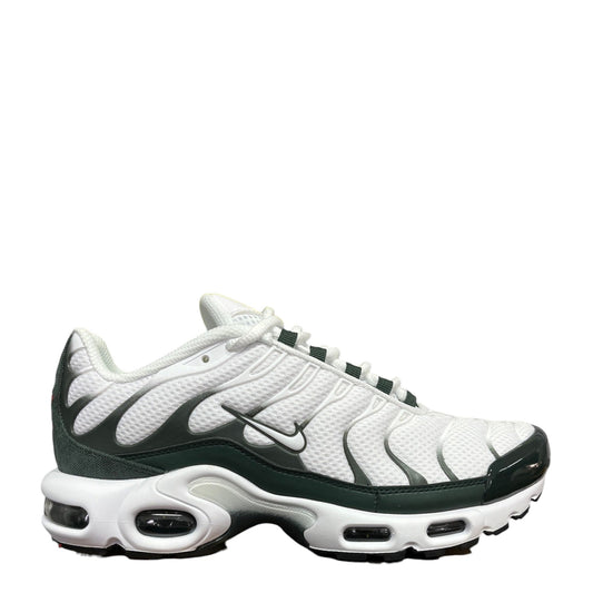 Luxury Chef Nike Air Max Plus PRM sneakers in white with dark green accents and Nike Air cushioning.