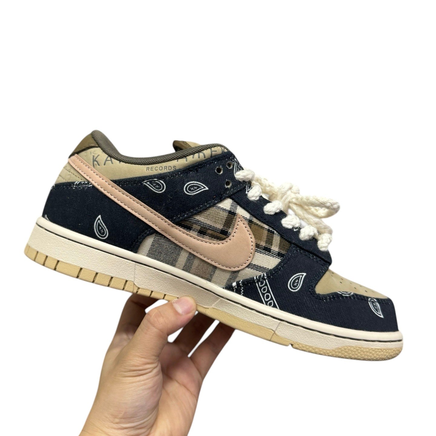 Luxury Chef Nike Dunk Low sneakers with navy bandana print, plaid accents, and tan details. Cream laces.