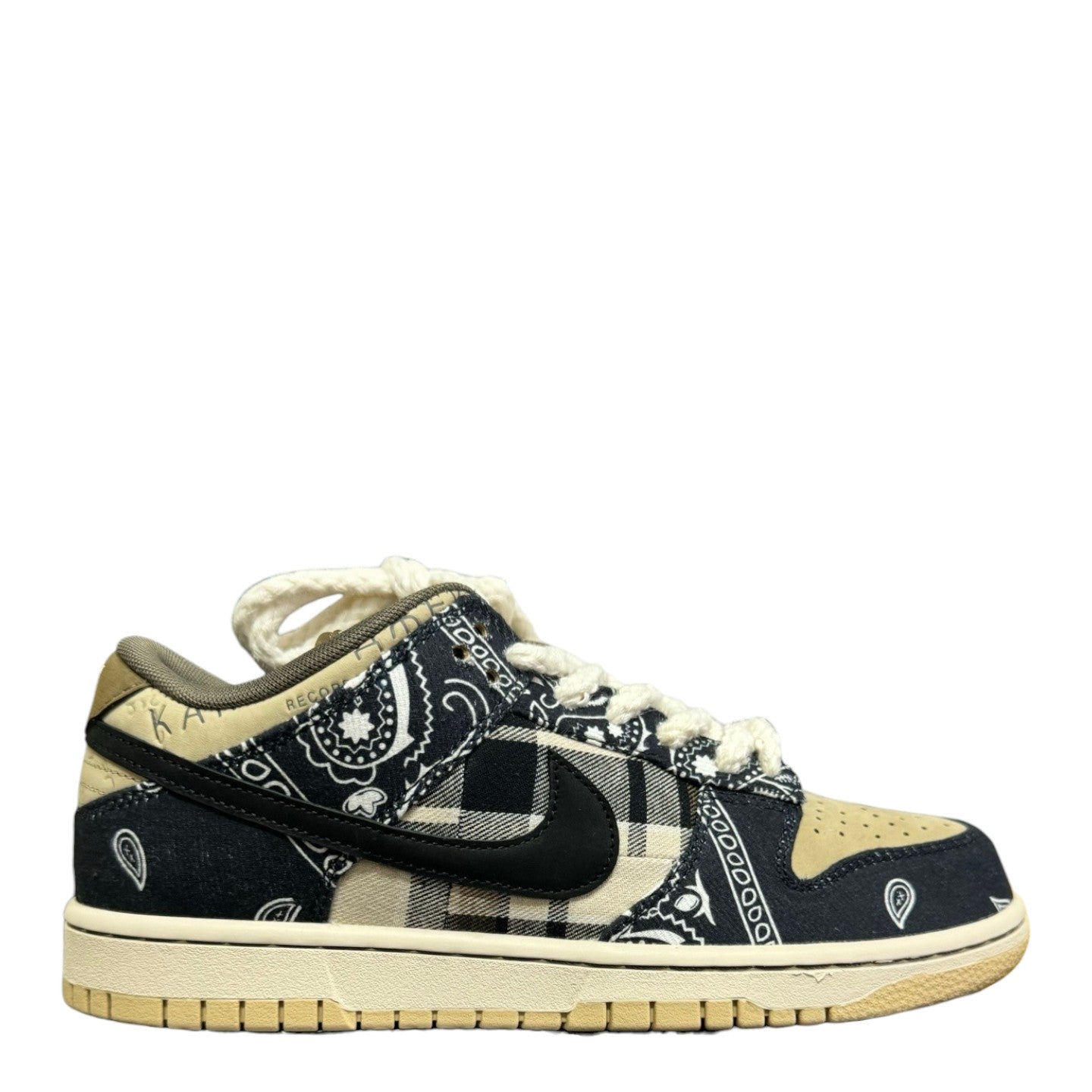 Luxury Chef Nike Dunk Low sneakers with black bandana print, plaid accents, and tan suede toe box. Cream laces and sole.