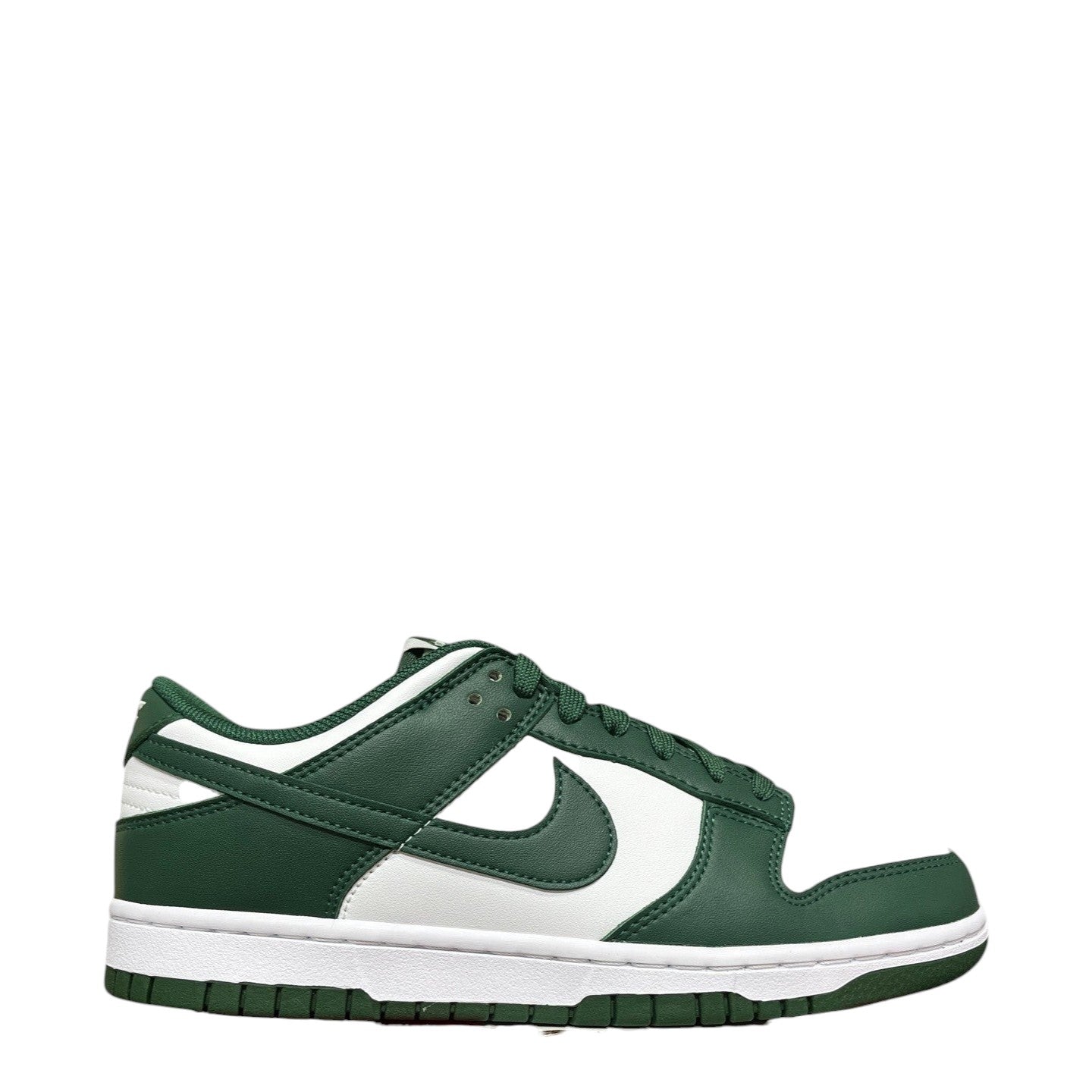 Luxury Chef Nike Dunk Low Retro sneakers in white and forest green leather with white laces and sole.