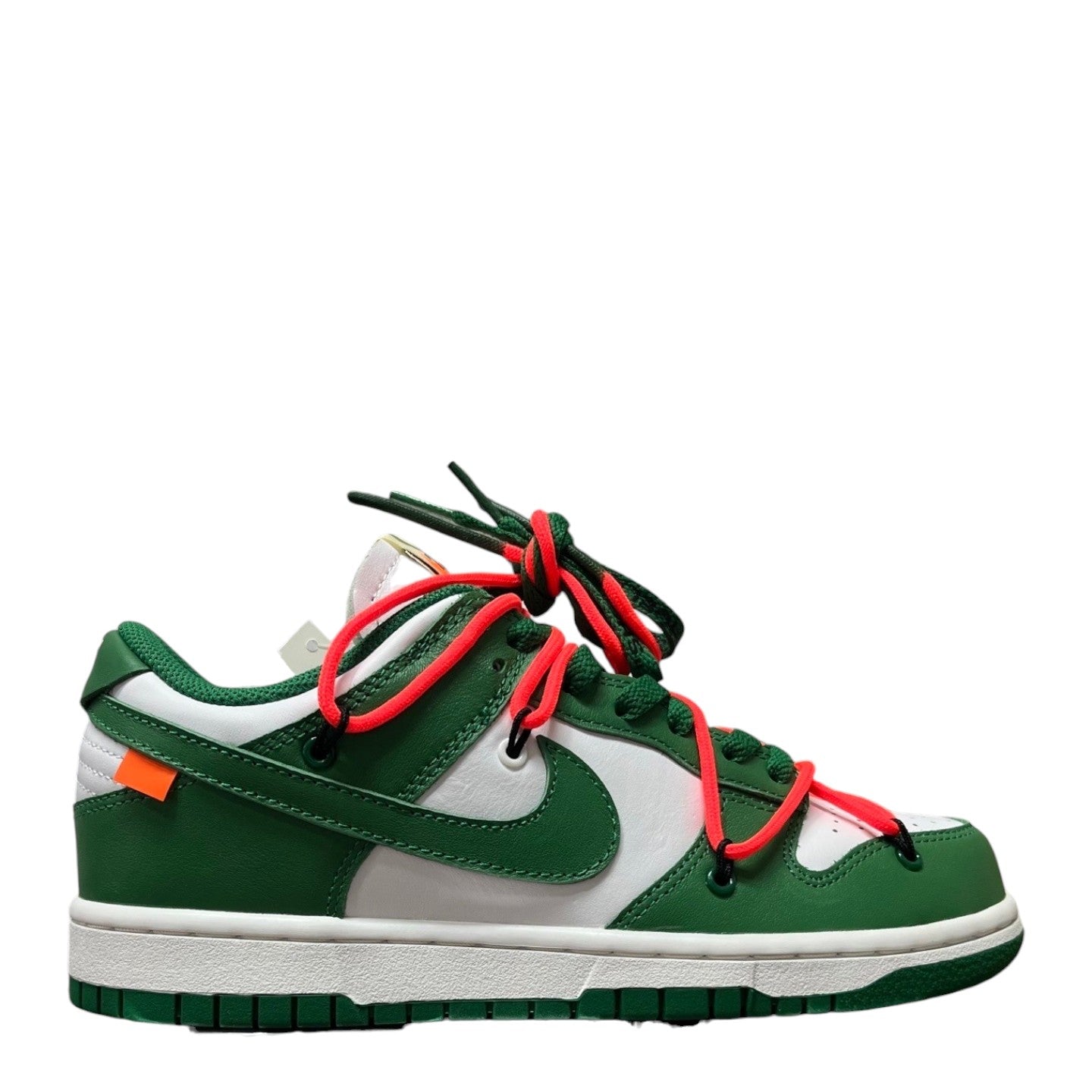 Luxury Chef Nike Dunk Low sneakers in white and green leather with orange accents and laces.