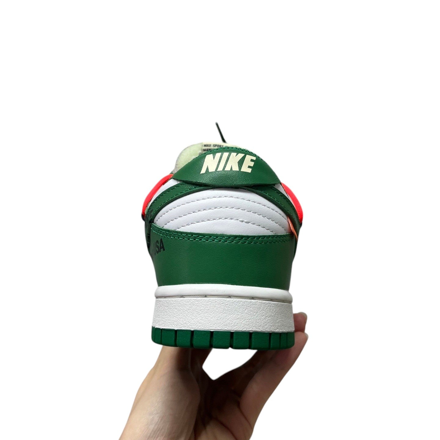 Luxury Chef Nike Dunk Low green and white leather sneakers with red accents and Nike branding on heel.