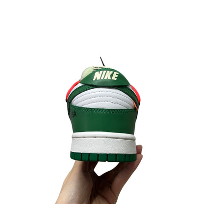Luxury Chef Nike Dunk Low green and white leather sneakers with red accents and Nike branding on heel.
