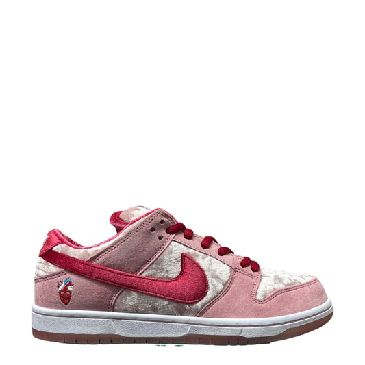 Luxury Chef Nike Dunk Low SB Strange Love sneakers in pink velvet with red accents and heart embroidery.