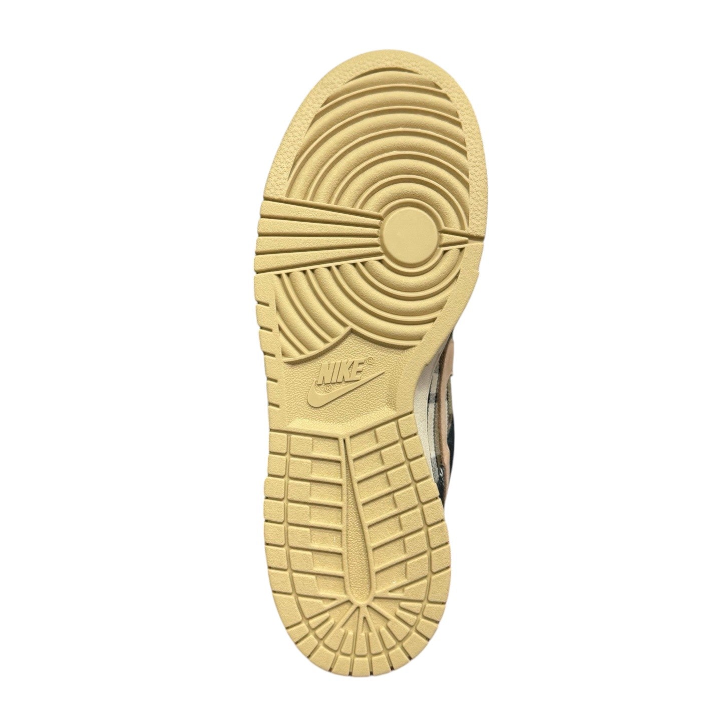 Luxury Chef Nike Dunk Low tan and black paisley print sneakers with rubber sole.