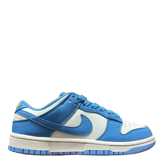Luxury Chef Nike Dunk Low sneakers in white and university blue leather with yellow accents.