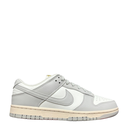 Luxury Chef Nike Dunk Low women's sneakers in white and light grey leather with a cream midsole.