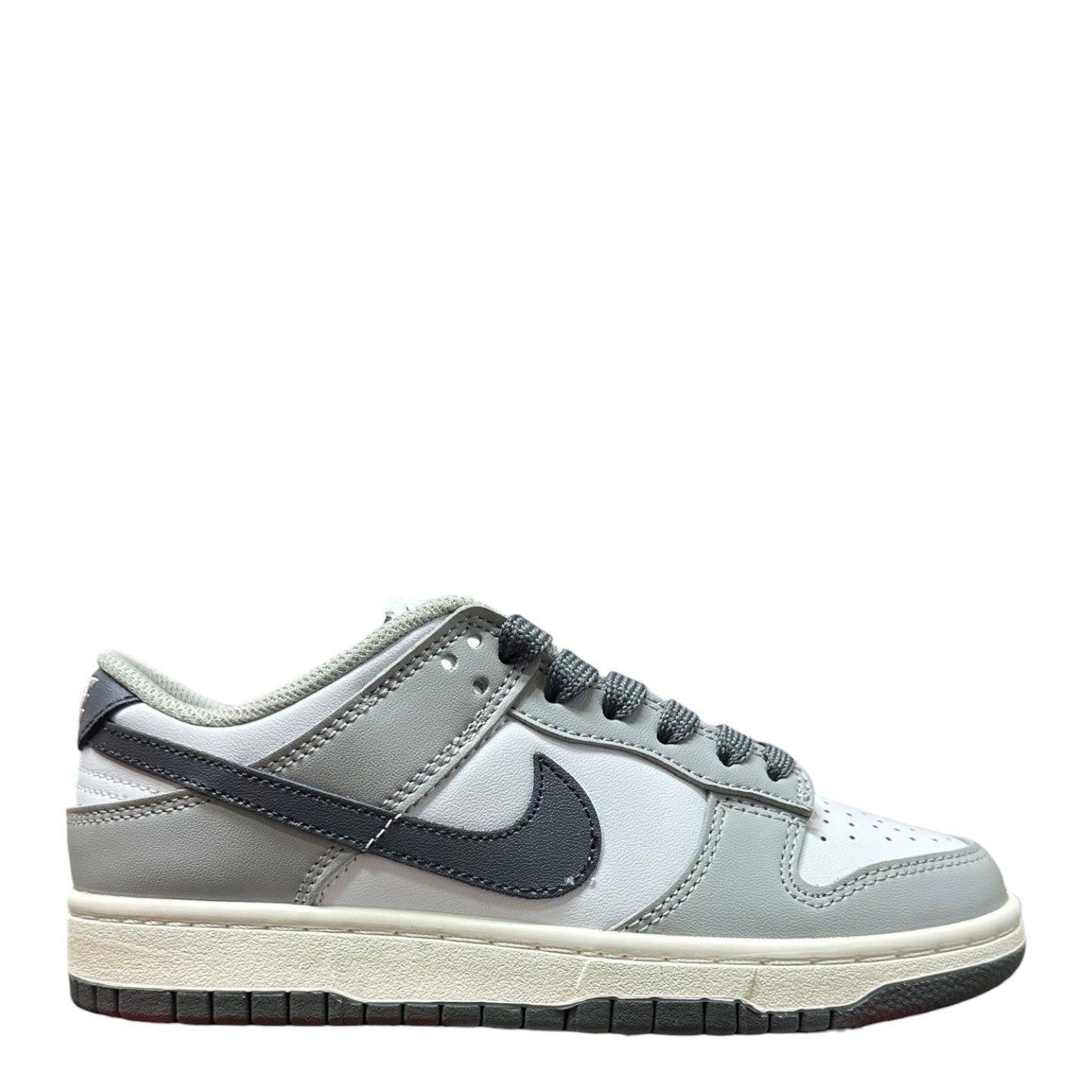 Luxury Chef Nike Dunk Low women's sneakers in white and grey with dark grey swoosh and laces.