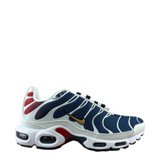 Luxury Chef Nike Air Max Plus TN sneakers in navy, white, and red with gold swoosh detail and visible air cushioning.