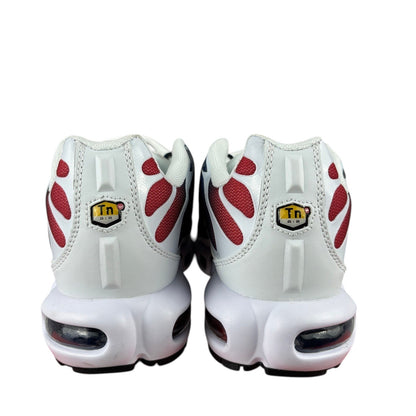 Luxury Chef Nike TN Air sneakers in white with red accents and visible air cushioning. Iconic Tn Air logo on heel.