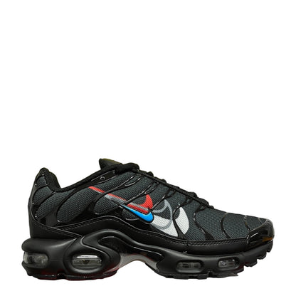 Luxury Chef Nike Air Max Plus TN black sneakers with red, blue, and white accents. Mesh and patent leather.