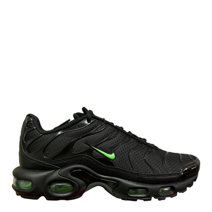 Luxury Chef Nike Air Max Plus TN sneakers in black with bright green accents and visible air cushioning.