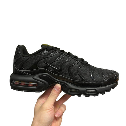 Luxury Chef Nike TN all black mesh and patent leather sneakers with visible air cushioning.