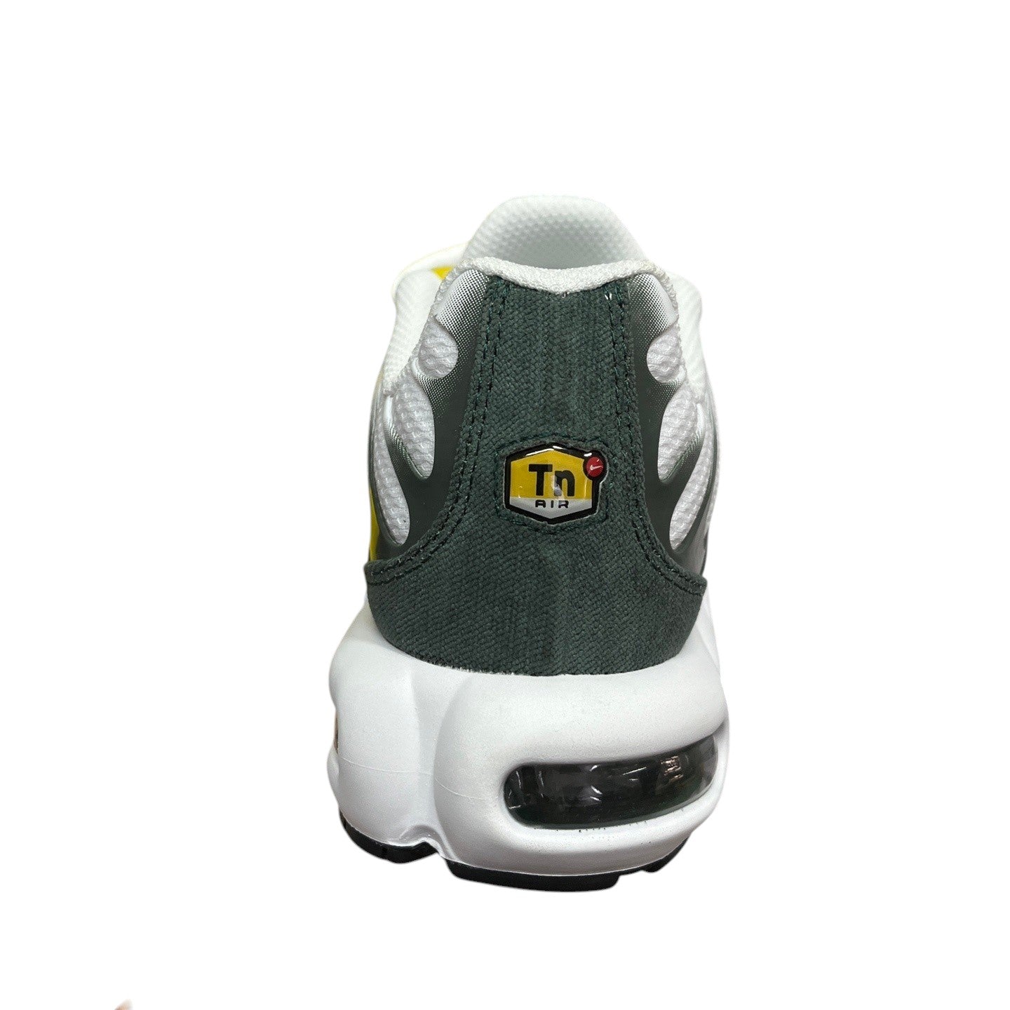 Luxury Chef Nike TN sneakers in white with dark green accents and visible air cushioning. Features the iconic Tn Air logo.