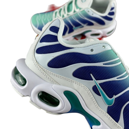 Luxury Chef Nike TN sneakers with blue, white, and green gradient mesh upper and white sole. Features iconic Nike swoosh.