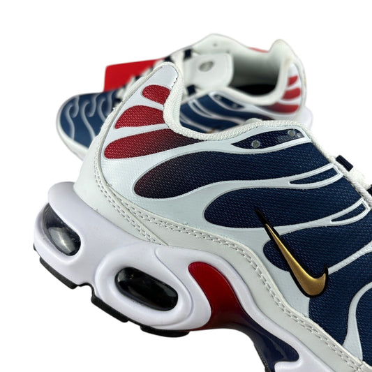 Luxury Chef Nike TN sneakers with white, navy, and red accents. Features a gold Nike swoosh.