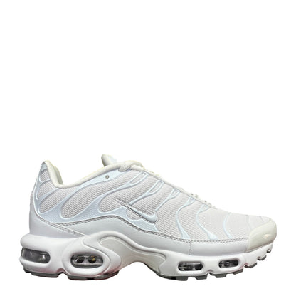 Luxury Chef Nike Air Max Plus TN men's white mesh sneakers with grey accents and visible air cushioning.