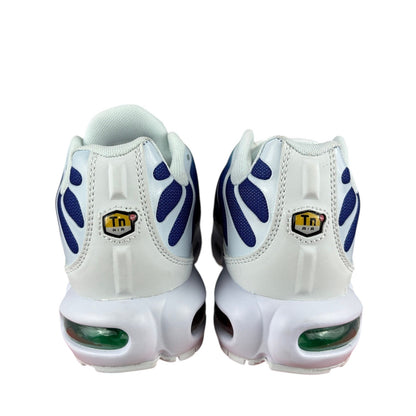 Luxury Chef Nike TN sneakers in white with blue accents and visible green air cushioning. Features Tn Air branding.