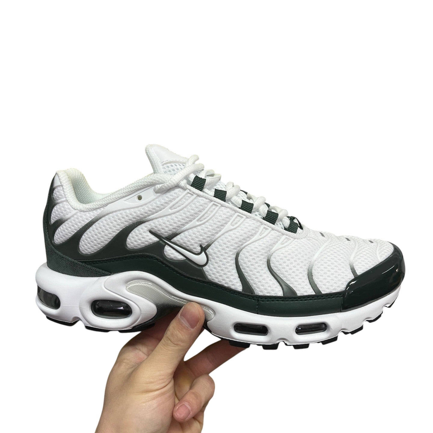 Luxury Chef Nike TN white mesh sneakers with dark green accents and visible air cushioning.