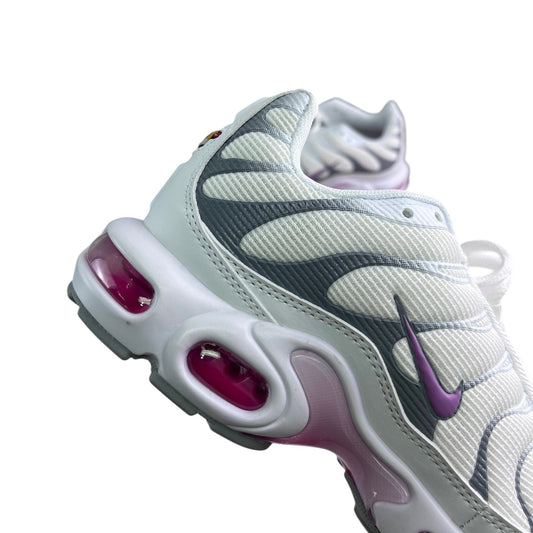 Luxury Chef Nike TN white mesh sneakers with grey accents and purple swoosh. Features visible air cushioning.