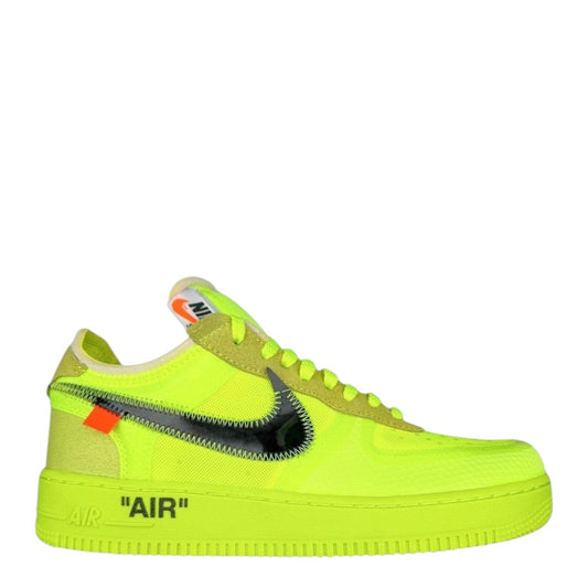 Luxury Chef Off-White Air Force 1 sneakers in neon yellow with black swoosh and "AIR" text on midsole.