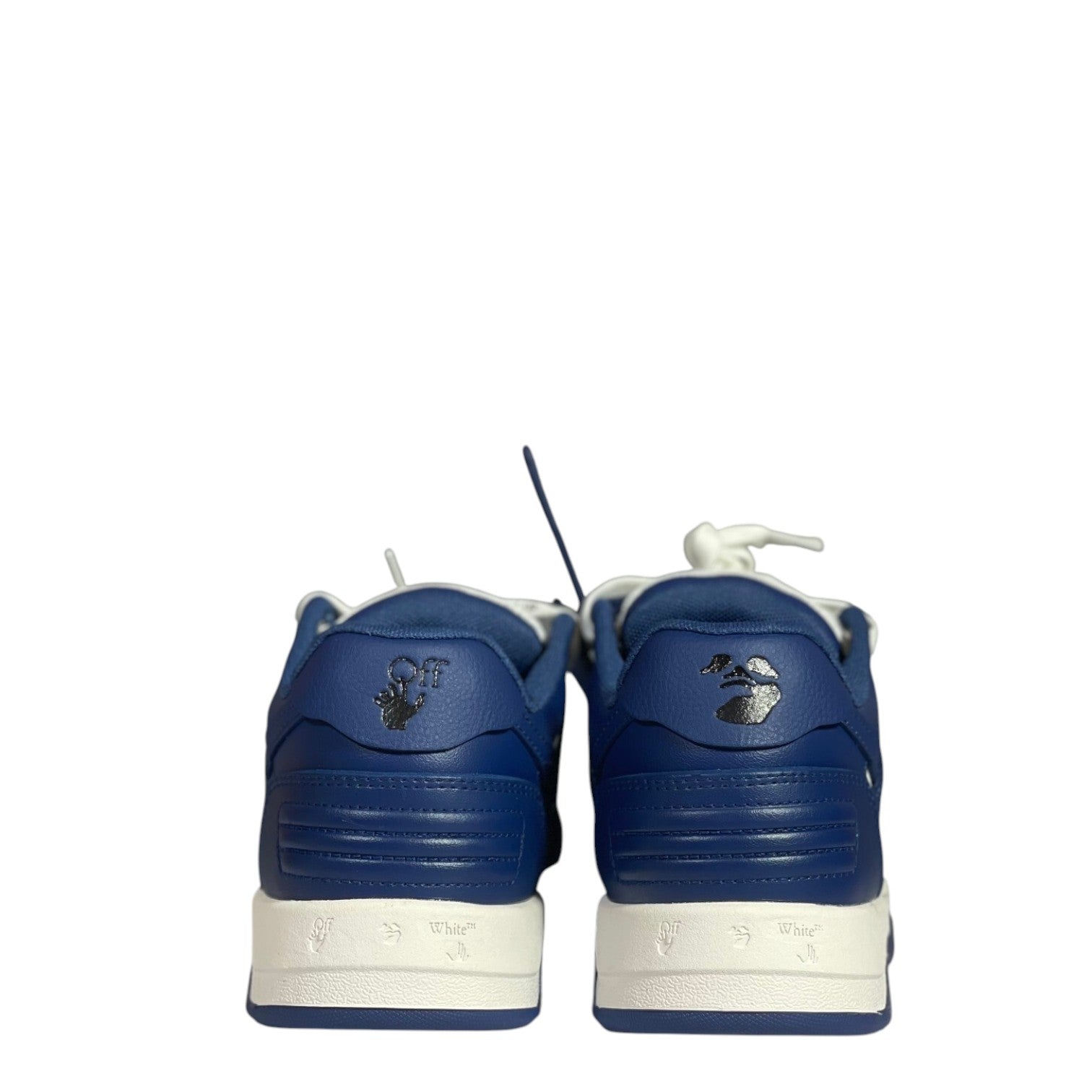 Luxury Chef OFF-WHITE OUT OF OFFICE blue leather sneakers with white laces and sole. Features iconic logo detail.