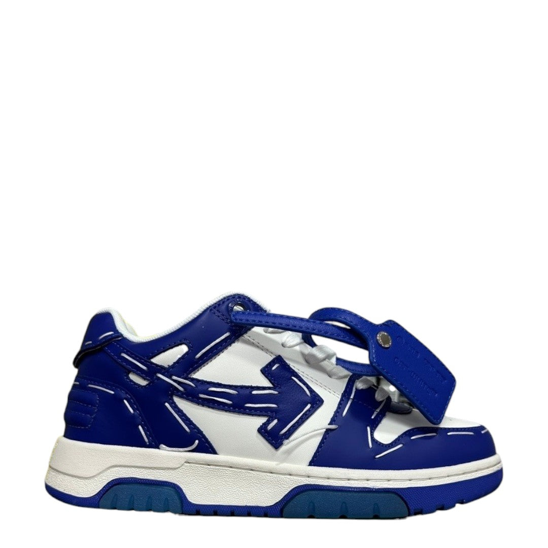 Luxury Chef OFF-WHITE blue and white leather sneakers with signature arrow logo and zip tie tag.