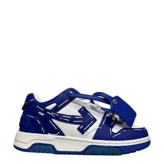 Luxury Chef OFF-WHITE blue and white leather sneakers with signature arrow logo and zip tie tag.