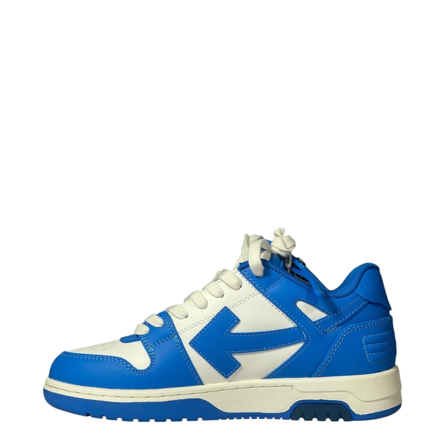 Luxury Chef OFF-WHITE OUT OF OFFICE blue and white leather low-top sneakers with arrow logo.