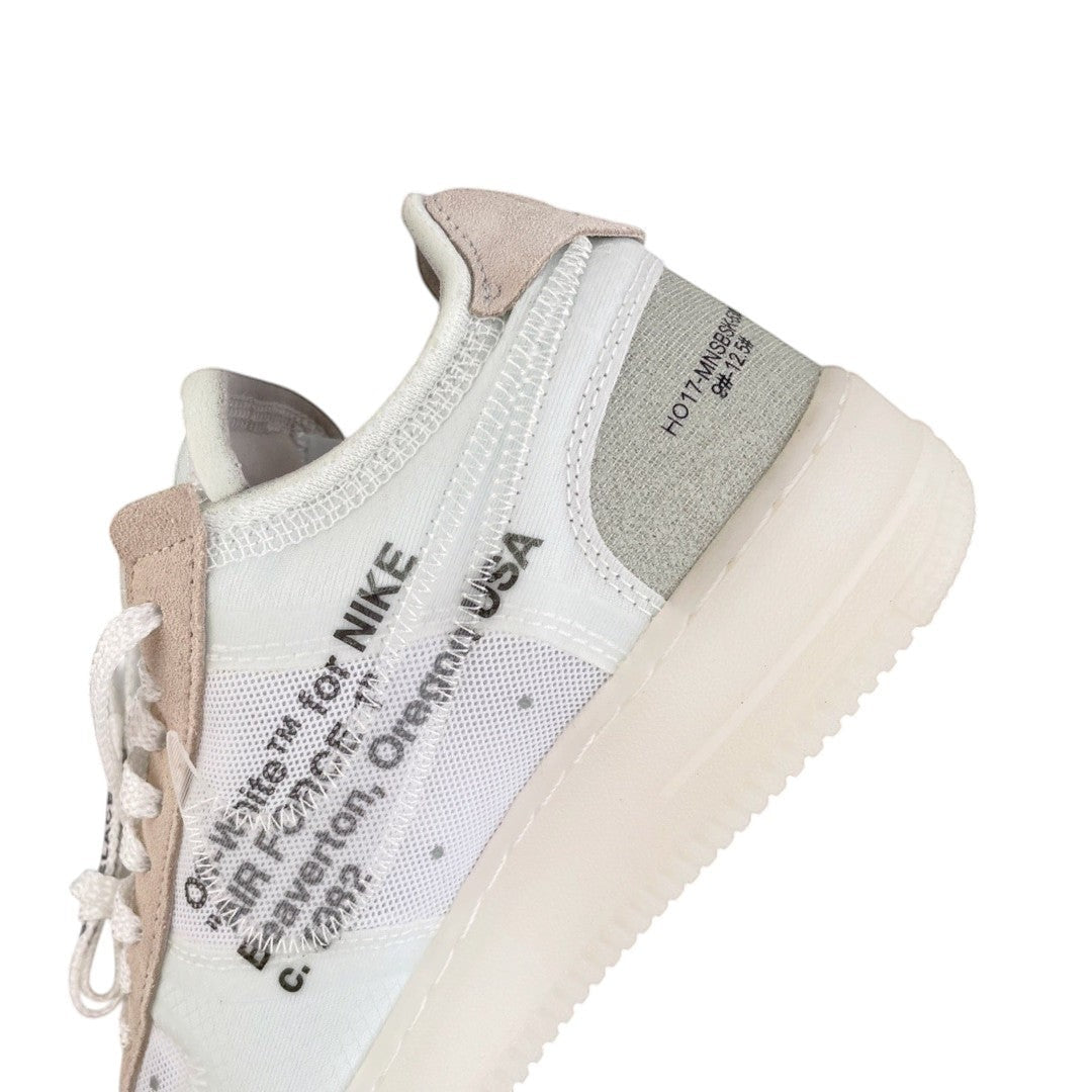 Luxury Chef Off-White x Nike Air Force 1 sneakers in white mesh and suede with text details.