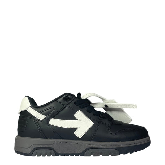 Luxury Chef Off-White Out of Office black leather sneakers with white arrow logo and grey sole.