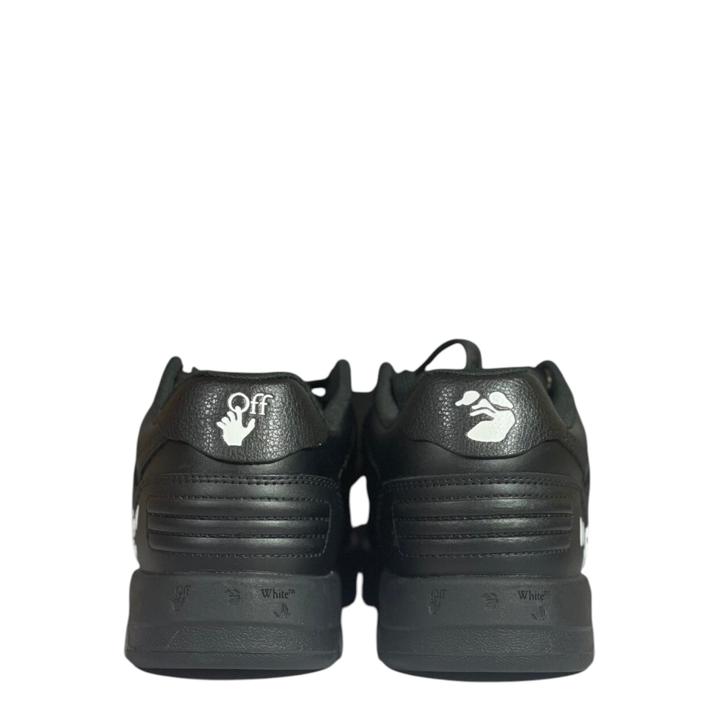 Luxury Chef OFF-WHITE OUT OF OFFICE black leather sneakers with white logo details on heel and sole.