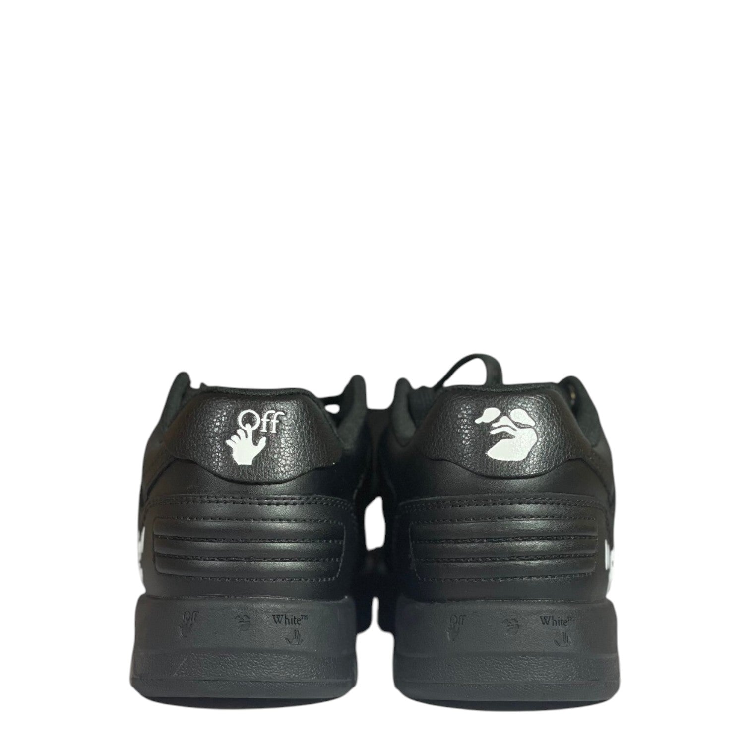 Luxury Chef OFF-WHITE OUT OF OFFICE black leather sneakers with white logo details on heel and sole.