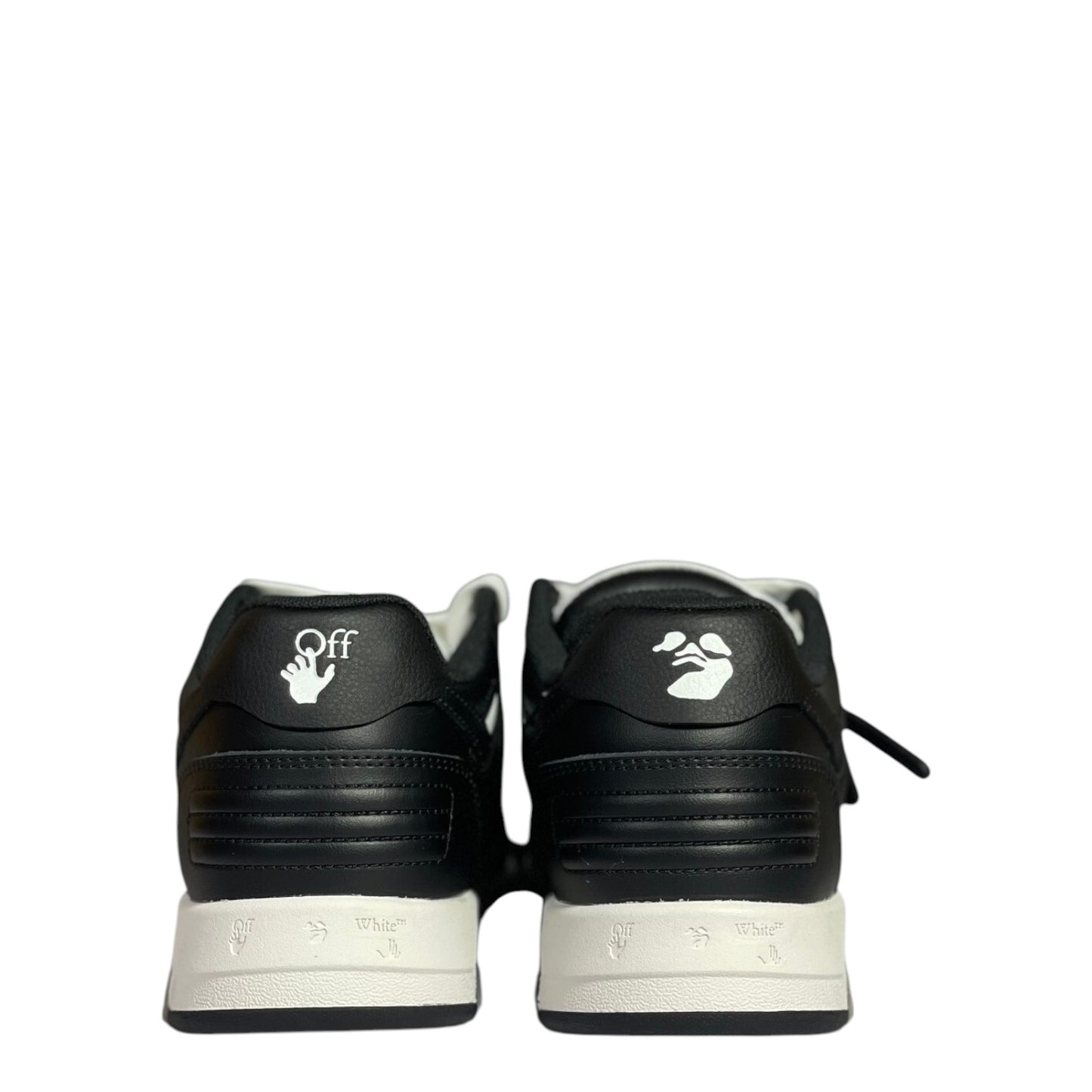 Luxury Chef OFF-WHITE OUT OF OFFICE black leather sneakers with white accents and logo details.