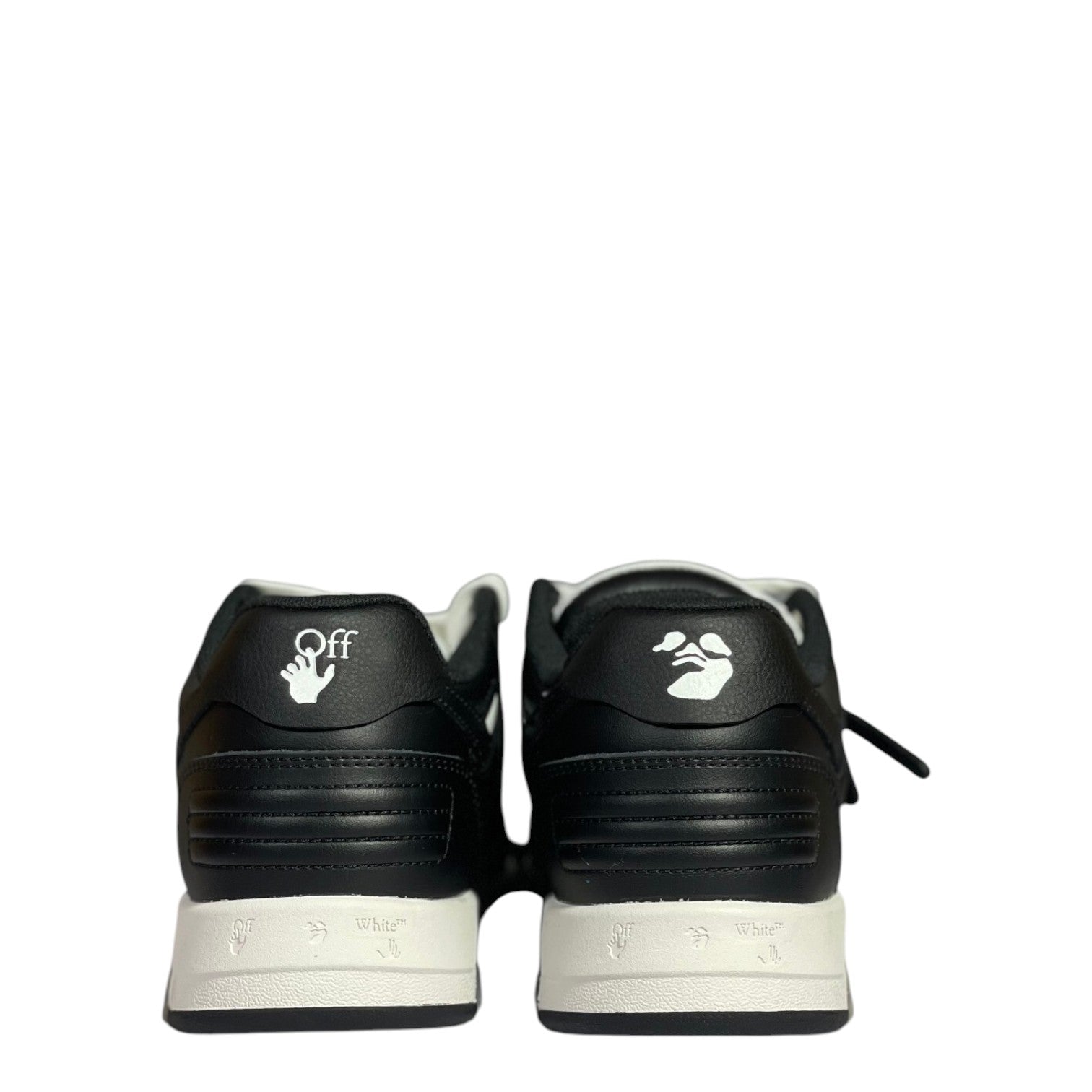 Luxury Chef OFF-WHITE OUT OF OFFICE black leather sneakers with white accents and logo details.