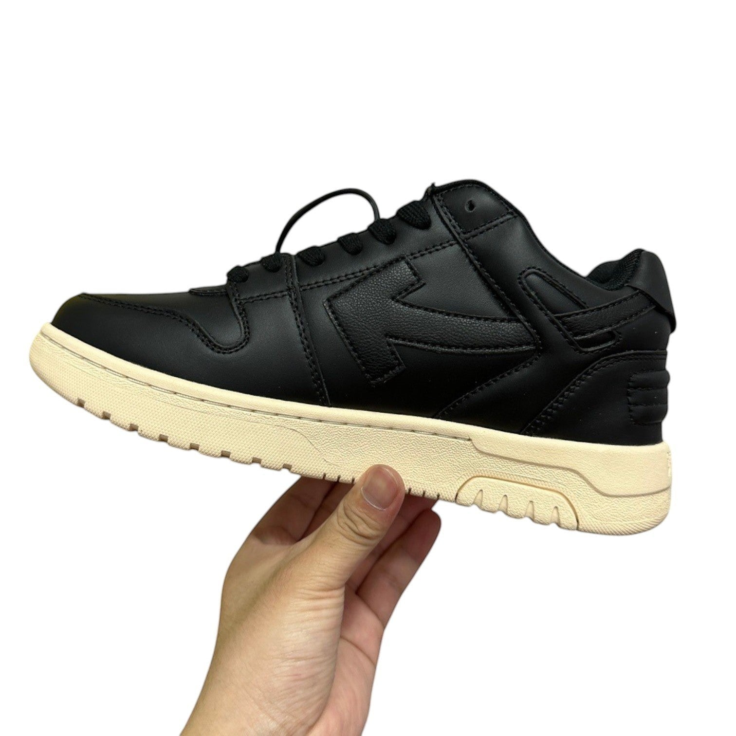 Luxury Chef OFF-WHITE OUT OF OFFICE black leather low-top sneakers with cream sole and distinctive side logo.