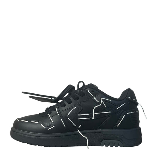 Luxury Chef OFF-WHITE OUT OF OFFICE black leather sneakers with white stitching details and laces.