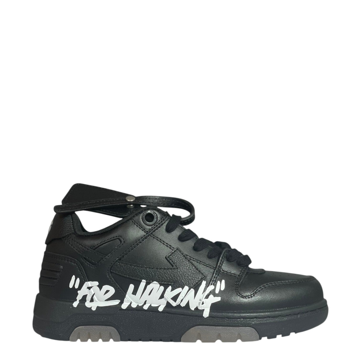 Luxury Chef black leather "For Walking" Off-White Out Of Office sneakers with white detailing.