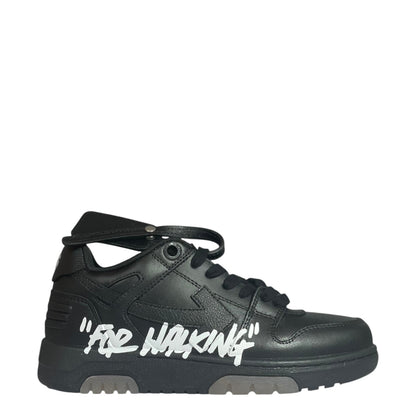 Luxury Chef black leather "For Walking" Off-White Out Of Office sneakers with white detailing.