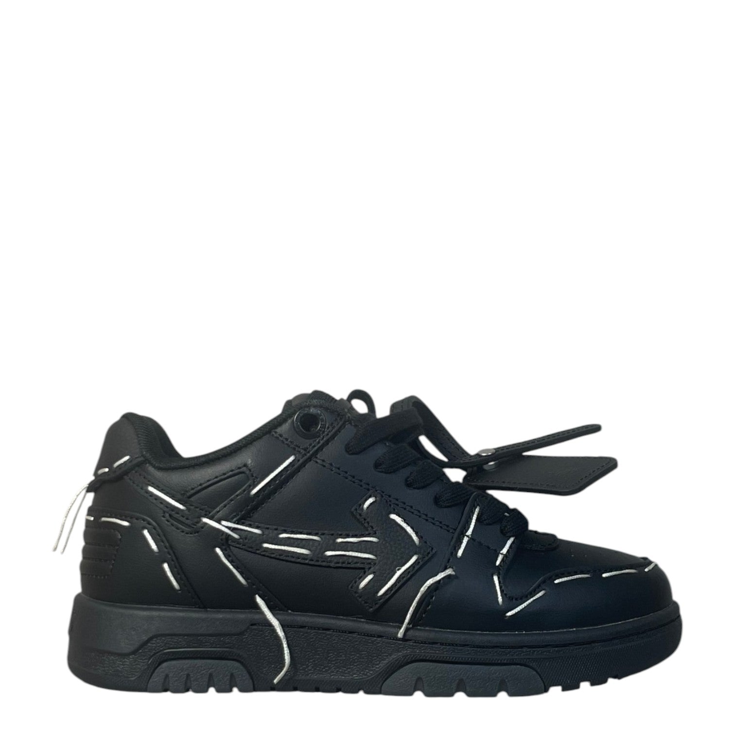 Luxury Chef OFF-WHITE OUT OF OFFICE black leather sneakers with white contrast stitching and tag.
