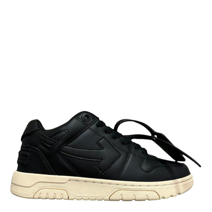 Luxury Chef Off-White Out of Office black leather low-top sneakers with a cream sole and signature zip tie detail.