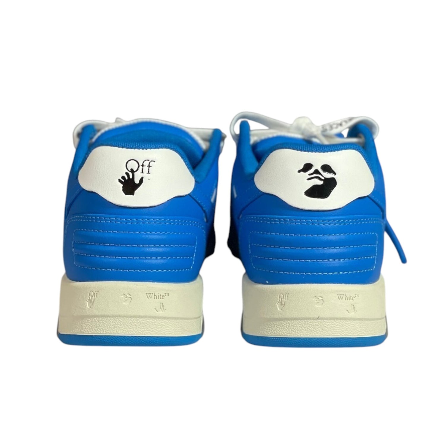 Luxury Chef OFF-WHITE OUT OF OFFICE blue leather sneakers with white accents and signature logos on heel.